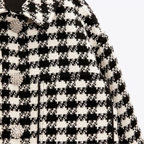 NWT Zara Houndstooth Tweed Wool Blend Blazer Jacket M Jewel Button Fall Workwear - Picture 5 of 9